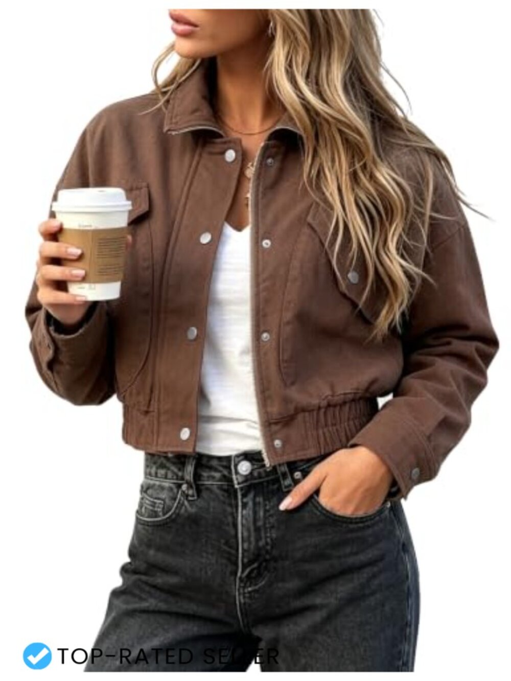 Women's Cropped Bomber Jacket Cotton Twill Button Front with Pockets